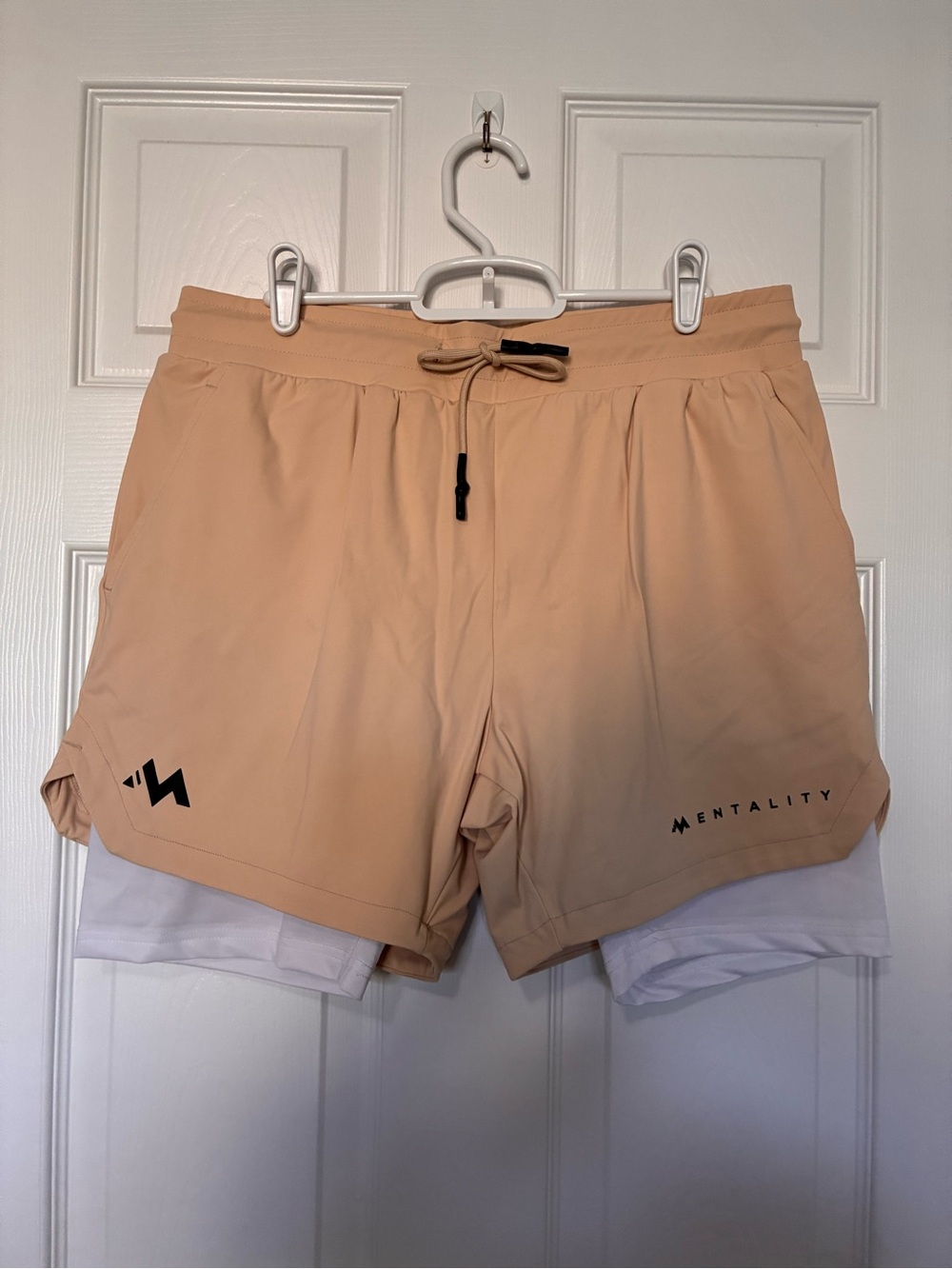 Mentality Men's 2 in 1 Lined Athletic Gym Compression Shorts Tan, White Sz L
